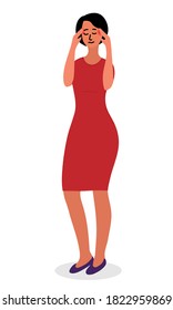 brunette woman in red dress feels a strong severe headache. She pressed her fingers to her temples. Endure pain. Cartoon vector illustration.