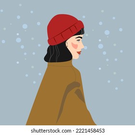 A brunette woman in a red winter knitted hat and coat against the background of snow. Winter vector illustration. Stylish cosy warm image of a girl. A young beautiful girl in autumn or winter