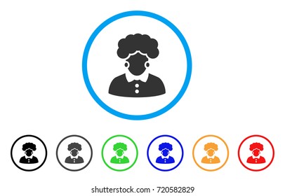 Brunette Woman rounded icon. Style is a flat brunette woman gray symbol inside light blue circle with black, gray, green, blue, red, orange versions. Vector designed for web and software interfaces.