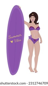 Brunette woman with a sailboard colorful illustration