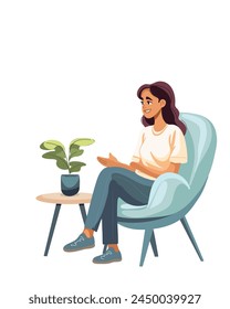  Brunette woman sitting in a chair, copy space, isolated on white background