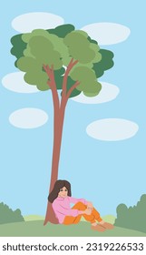 Brunette woman sitting in front of the tree in a wooded park. She enjoys a sunny day. vector illustration.