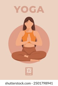 Brunette woman sitting in lotus pose with the sun in the background. Yoga poster. Vector illustration.