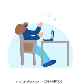 Brunette woman sitting at the table in headphones. Female character using her laptop for online interactive communication. Vector illustration. 