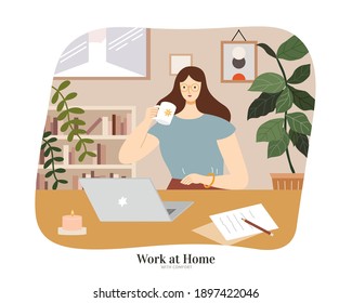 Brunette woman sitting at table with laptop and enjoying coffee. Flat illustration, concept of freelancer working from home or online learning