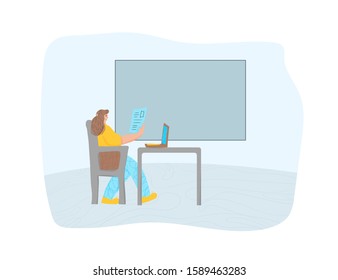 Brunette woman sitting at the table and reading her notes. Female character  using her laptop. Girl wearing in casual clothes working with computer. Freelancer concept. Vector illustration. 