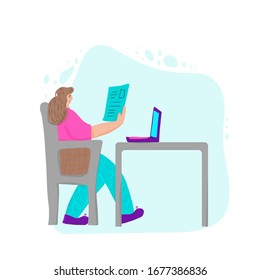 Brunette woman sitting at the table and reading her notes. Female character  using her laptop. Girl wearing in casual clothes working with computer. Online education concept. Vector illustration. 