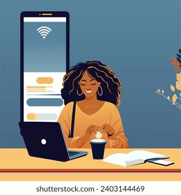 BRUNETTE FRAU, DIE EINEN COMPUTER BENUTZT, EINEN ROKAMBOLE, EINEN CUP AUF DEM TISCH UND EIN ZELLTELEFON AUF DEM TISCH, EIN ZELLTELEFON HINTER, TECHNOLOGIE
