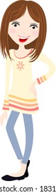 Brunette woman standing chatting with hand on hip wearing yellow top and jeans. Clear backed cute vector image cartoon illustration.