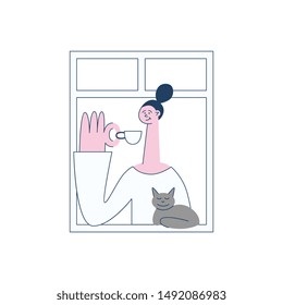 A brunette woman stands at the open window of an apartment next to a gray cat and drinks coffee or tea from a mug. Concept of neighbors and neighborhood in the city, vector flat illustration.