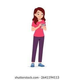 A brunette woman stands smiles and uses a smartphone in illustration style