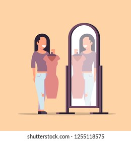 brunette woman trying on new dress elegant lady looking at mirror fashion shop female cartoon character full length flat