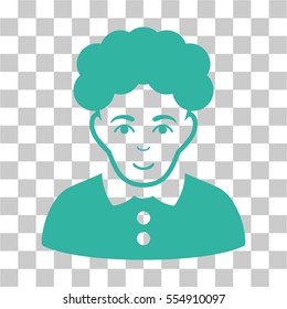 Brunette Woman vector pictogram. Illustration style is flat iconic cyan symbol on a chess transparent background.