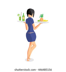 Brunette Woman Waitress With Two Trays On The Beach. Back View. Isolated Flat Cartoon Illustration