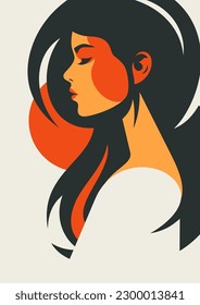 Brunette woman waving hair abstract autumn terracotta paint spot minimal artwork poster vector flat illustration. Fashion female portrait contemporary beauty silhouette orange sun color t shirt print