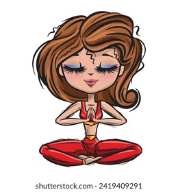 Brunette yoga girl. Healthy life style. Yoga routine. Classic yoga asanas. Sport exercise in usual life. Cartoon style girls. Yoga for children