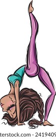 Brunette yoga girl. Healthy life style. Yoga routine. Classic yoga asanas. Sport exercise in usual life. Cartoon style girls. Yoga for children