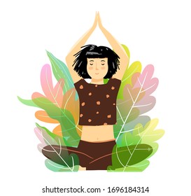 Brunette young girl or woman meditation pose in nature. Flat hand drawn lady sitting in lotus yoga pose. Girlish cute cartoon vector design.