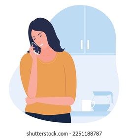 Brunette young woman talking on smartphone remotely telephone call communication at home kitchen vector flat illustration. Female mobile phone gossiping cellphone consulting remote conversation