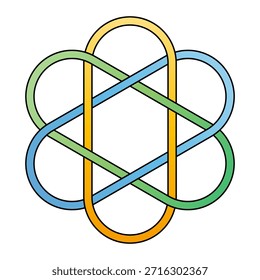 Enlace brunniano. Enlace brunniano de doce cruces de tres componentes, lo que significa que cortar cualquier bucle libera los otros dos bucles. Similar a los anillos de Borromeo, pero no es lo mismo. Ilustración aislada. Vector