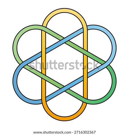 Brunnian link. Twelve-crossing three-component Brunnian link, that means cutting any loop frees the other two loops. Similar to the Borromean rings, but not the same. Isolated illustration. Vector