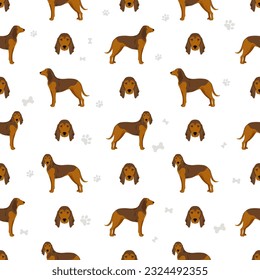 Bruno Jura hound seamless pattern. Different coat colors and poses set.  Vector illustration