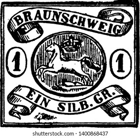 Brunswick Ein Silber Groschen Stamp in 1852 which is possible to find stamps of the first issue cut in half because it was the custom when necessary to use only half of its value, vintage line drawing