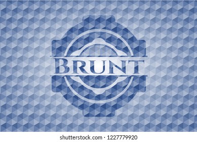 Brunt blue badge with geometric pattern background.