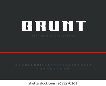 Brunt Font. Bold Geometric Display Typeface with Sharp Edges and Brutal Style. Strong Masculine Capital Letters for Logos, Sports, and Modern Branding. Vector Illustration.
