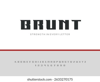 Brunt Font. Bold Geometric Display Typeface with Sharp Edges and Brutal Style. Strong Masculine Capital Letters for Logos, Sports, and Modern Branding. Vector Illustration.