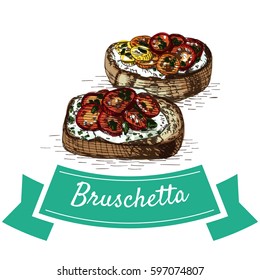 Bruschetta colorful illustration. Vector illustration of Italian cuisine.