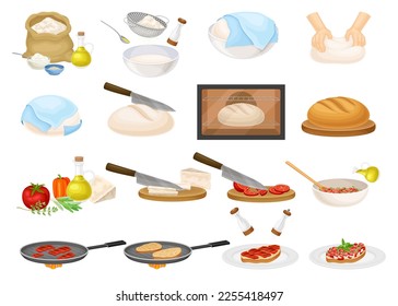 Bruschetta Kochen und Brotkneten mit Zutaten und Utensivem Big Vector Set