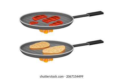 Bruschetta cooking set. Frying of bread and meat slices in pan vector illustration