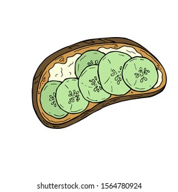 Bruschetta with cream cheese and cucumber slices isolated on white background. Hand drawn vector illustration.