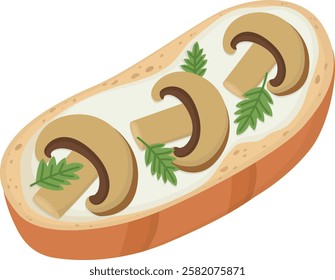 Bruschetta with cream cheese, mushrooms and greens. Illustration of a dish isolated on a transparent background