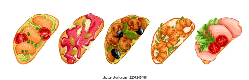 Bruschetta with different toppings set vector illustration. Cartoon isolated baguette slices with soft cheese and avocado, salmon and shrimp, grilled mushrooms and sliced smoked ham, top view