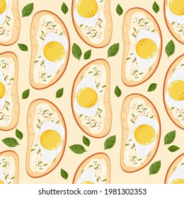 Bruschetta with egg. Summer white bread sandwich with butter. Recipe Food seamless pattern. Healthy breakfast. Vector illustration.