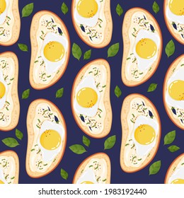 Bruschetta with egg. Summer white bread sandwich with butter. Recipe Food seamless pattern. Healthy breakfast. Vector illustration.