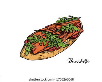 Bruschetta isolated on a white background. Sketch Italian dishes. Vector illustration in sketch style.