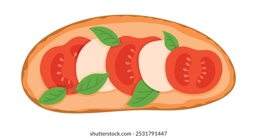 Bruschetta Italian Cuisine Appetizer. Open Sandwich with Grilled Bread Topped with Fresh Tomatoes, Mozzarella and Basil. Isolated Vector Illustration on White Background