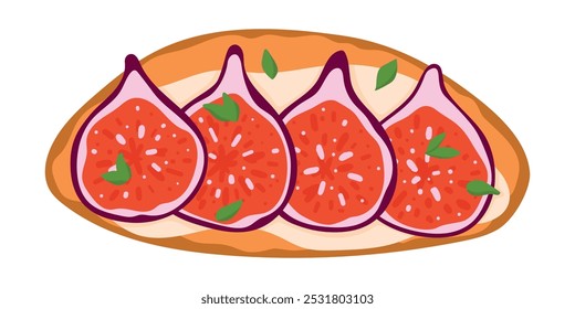 Bruschetta Italian Cuisine Appetizer. Open Sandwich with Grilled Bread Topped with Fig, Cream Cheese and Herbs. Isolated Vector Illustration on White Background