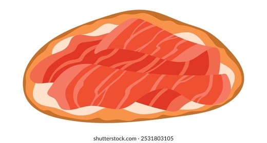 Bruschetta Italian Cuisine Appetizer. Open Sandwich with Grilled Bread Topped with Prosciutto Crudo and Cream Cheese. Isolated Vector Illustration on White Background