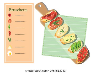 Bruschetta menu with different toppings on long cutting board. Vector illustration. 