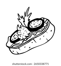 Uma bruschetta em um crouton com berinjelas e desenho de patê, esboço de comida de lanche de festa. Restaurante e cafés menus decoração. Ilustração vetorial.