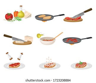 Bruschetta Preparation with Ingredients and Cooking Process Steps Vector Set