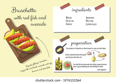 Bruschetta with salmon and avocado on wooden cutting board. step by step recipe with ingredients. Home cookbook. Cooking is easy. vector illustration