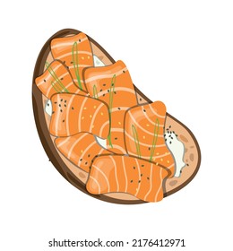 Bruschetta or sandwich on a slice of bread with cream cheese, salmon and herbs. Vector isolated food illustration.