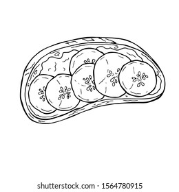 Bruschetta sketch with cream cheese and cucumber slices isolated on white background. Hand drawn vector illustration.