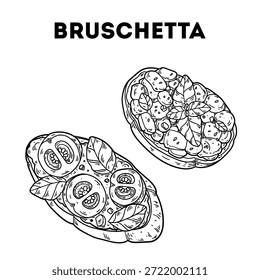 Bruschetta sketch. Vector drawing  illustration. Italian food. Italian cuisine. Hand drawn. Top view. Not AI Generated.