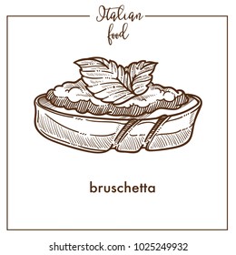 Bruschetta snack sketch vector icon for Italian cuisine food menu design